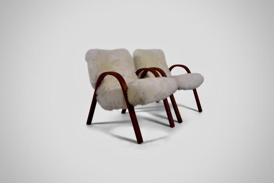 Set of Steiner Sheepskin Bow Wood Chairs, 1948, France