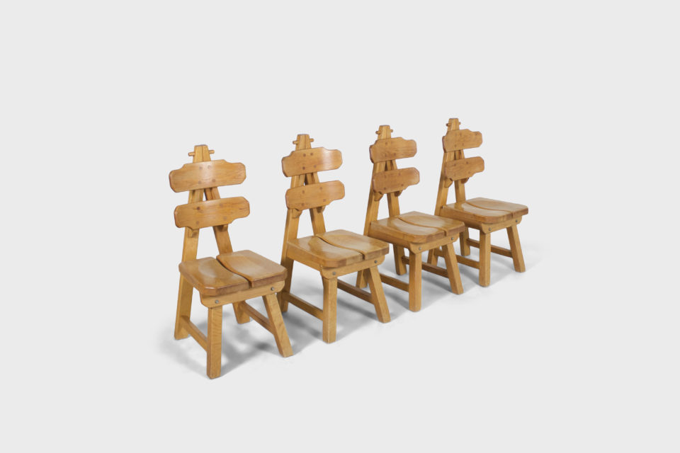 Set of 4 Solid Oak Brutalist Chairs