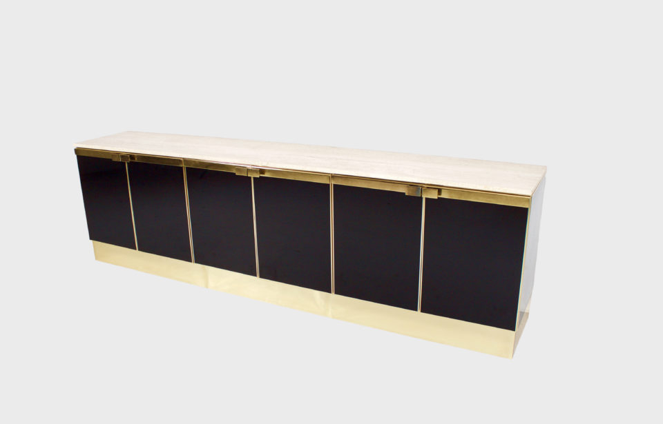 Impressive Brass, Travertine and Black Lacquered Sideboard