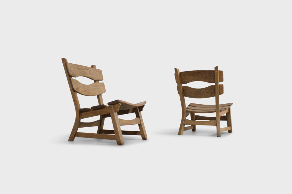 Solid Oak Brutalist Lounge Chairs
