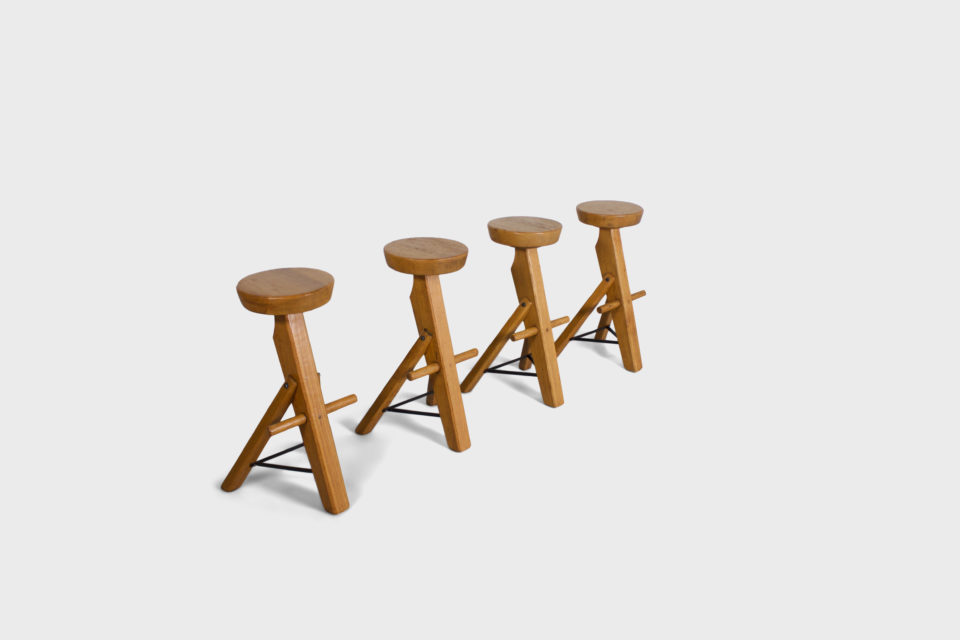 Set of Brutalist Bar Stools Made from Solid Oak