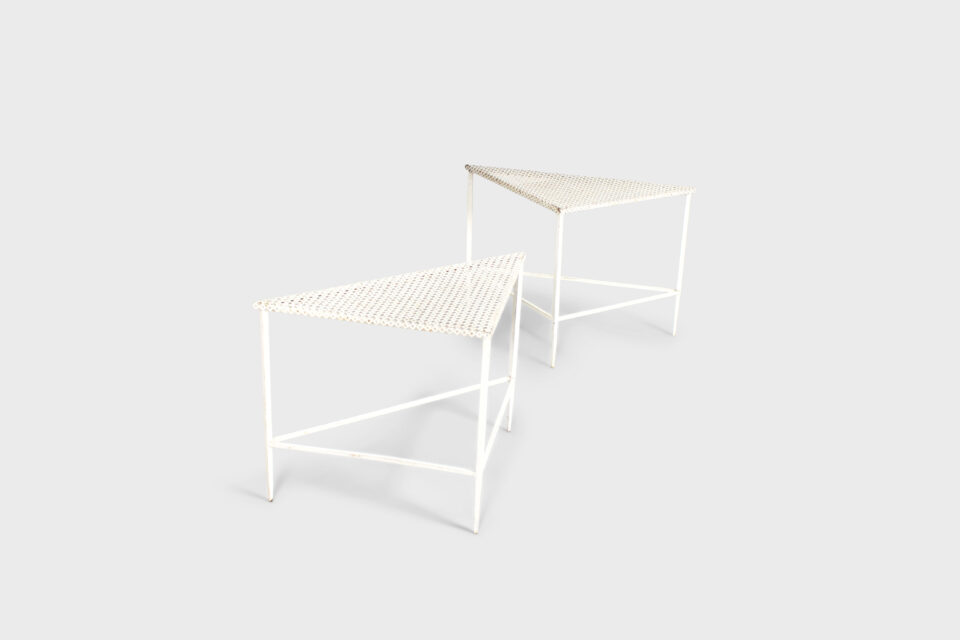 Pair of Triangular Mathieu Matégot Tables for Artimeta in White