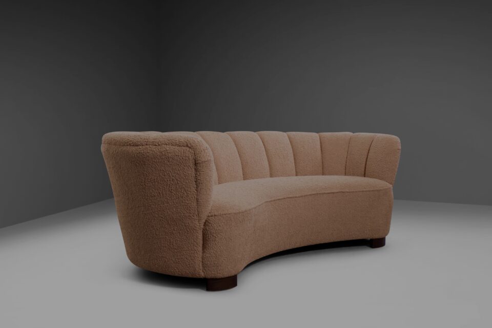 Danish Curved Banana Sofa in a Powder Pink Wool Fabric