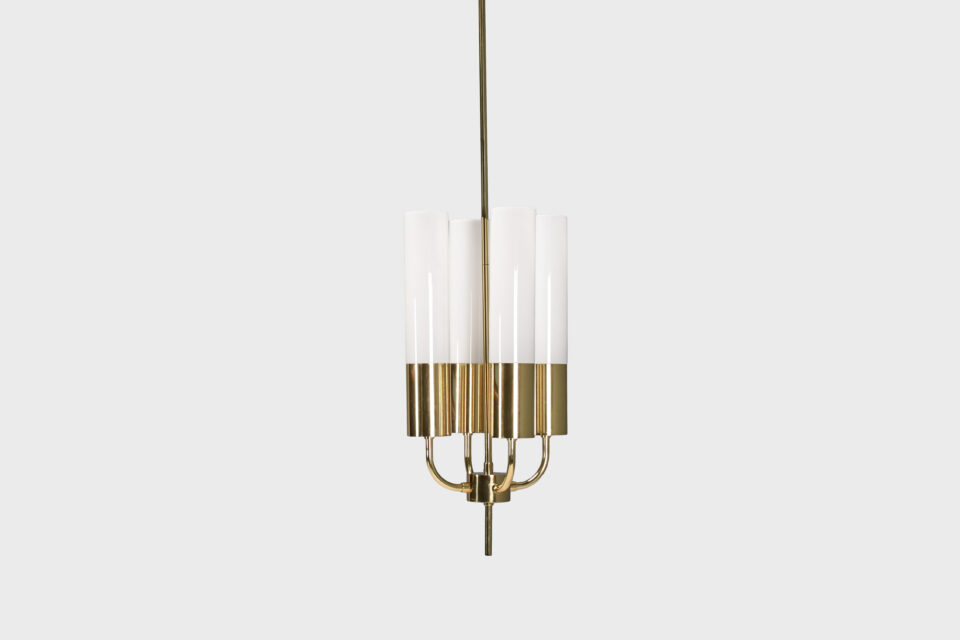 Large Glashütte Limburg Brass & Opaline Chandelier