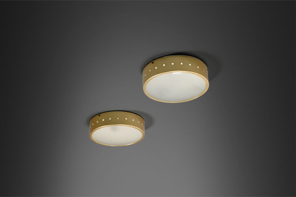 One of Three Brass and Opaline Glass Stilux Flush Mounts