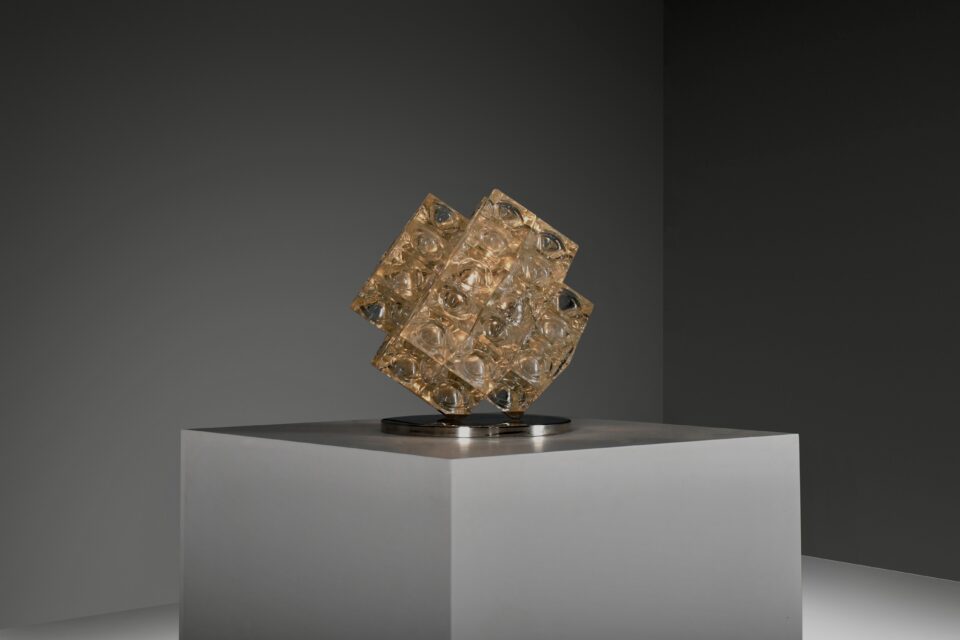 Glass and Chrome Albano Poli ‘Eclisse’ Table Lamp by Poliarte, Italy 1968